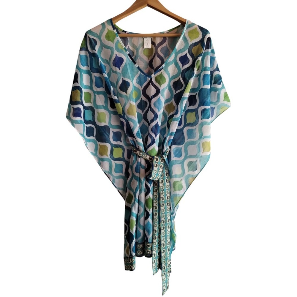 Trina Turk Colorful Geometric Pattern Tie Waist Kimono Style Tunic Swim Cover Up
